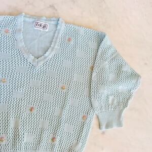 Vintage 80s 90s Light Blue Floral Semi Sheer V Neck Sweater / Small